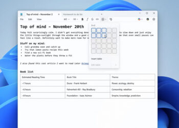 «Блокнот» Windows 11 получает таблицы
